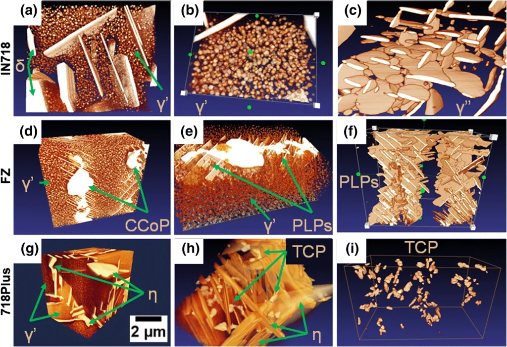 3D visualization of selected areas of base materials and fusion zone after isothermal hold at 760 °C for 500 h: (a-c) IN718 base material, (d-f) fusion zone, (g-i) 718Plus base material; (CCoP-complex clusters of precipitates, PLPs-plate-like precipitates)
